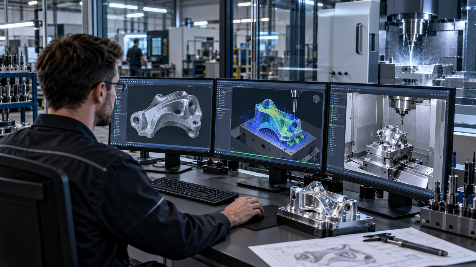 CAD und CAM Engineering mit 3D Modell, Werkzeugwegen und Maschine