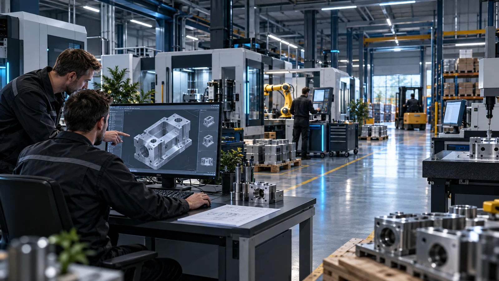 Moderne Produktionsumgebung mit Engineering, Maschinen und Logistik