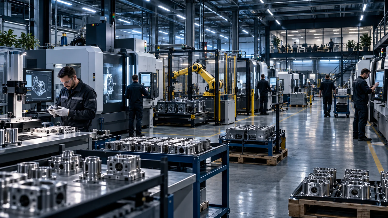 Moderne Produktion mit CNC Maschinen, Robotik und Qualität
